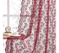 FOLKSIDE Lace Curtains Set of 2 for Bedroom Living Room Drawstring Light Filtering Romantic Sheer Lace Curtains Maroon French 52 x 63 Inch Burgundy
