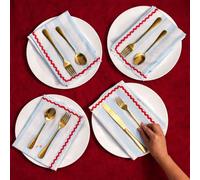 Folkulture Cloth Napkins | (18" x 18") Blue Cloth Napkins Set of 4 for Dining Table | Stripe Blue & Red Dinner Napkin or Rick Rack Napkins for Kitchen | Reusable Linen or Table Linens Washable