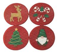 Folkulture Coasters Set of 4 (4") | Holiday Magic Beaded Handmade Round Drink Coasters for Coffee Table & Bar | Boho Table Décor | Hand-Crafted Cute Coasters for Housewarming Gifts