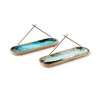 Folkulture Incense Holder or Incense Burner Holder, Insense Stick Holder for Home Décor or Wooden Incense Tray for Sticks, Modern Insence Ash Catcher, Mango Wood, Set of 2, Blue and Green Agate
