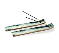 Folkulture Incense Holders or Incense Stick Holder, Incense Burner and Insencesticks Holder or Ash Catcher for Insense Sticks and Joss Sticks, Set of 2, Mango Wood, 25cms long, Green Agate