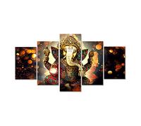 Follmax Hindu God Ganesha Wall Art Canvas Printed for Living Room Decorative Painting Modern Home Decor 5pcs HD Print Lord Ganesha Elephant Picture Art Wall Framed Ready to Hang (50" W x 28" H)