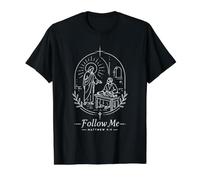 Follow Me Matthew 9:9 Christian Line Art Value Graphic T-Shirt, Men, Black, S