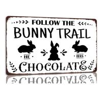 Follow The Bunny Trail He Has Chocolate Tin Sign Easter Vintage Metal Signs Funny Rabbit Decor Signs Spring Egg Bouquet Chick Wall Art Decor For Home Farm Farmhouse Easter Party 8x12 Inch
