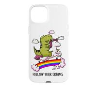 Follow Your Dreams T-Rex Dino Rainbow Funny Unicorn Lover Case for iPhone 15 Plus