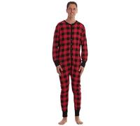 #followme Men's Solid Thermal Henley Adult Onesie, Red - Buffalo Plaid, S