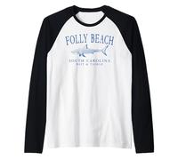 Folly Beach South Carolina Shark Fishing Arched Blue Letters Raglan Baseball Tee