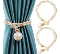 Folmywy Curtain Tiebacks with Big Pearl Off White 2 Pack Adjustable Drapery Ropes Suitable Fasten Ring Holdbacks for Living Room Inside and Outdoor Curtains