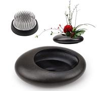 Folmywy Japanese Ikebana Flower Frog Vase Kit Flower Arrangement with 1.57 Inch Kenzan Ceramic Flower Stem Holder Black Round Frog Bowl for Table Centerpieces DIY Art Supplies (14x10.5cm)