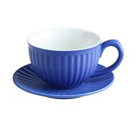 FOLODA European Retro Ceramic Blue Rib Coffee Cup With Saucer Set Personality Milk Breakfast Tea Mug Plate Drinkware Ceramic Mugs Coffee Gray