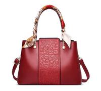 FOLOVEYA Elegant Handbags for Women Exquisite Embroidery Top Handle Bags with Ribbon Shoulder Bag Tote Bag Work Travel Shopping PU Leather Red