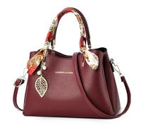 FOLOVEYA Fashion Women Handbags Elegant Lady Top Handle Bags Exquisite Leaf Pendant Tote Bag Crossbody Bag Shoulder Bags PU Leather for Shopping Travel Work Dating Satchel Messenger Bag Red A