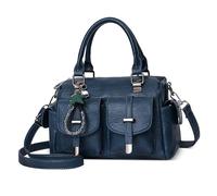 FOLOVEYA Handbag for Women Medium Retro PU Leather Top Handle Bag with Fashion Pendant Elegant Ladies Crossbody Shoulder Bag for Work Travel Dating Navy Blue