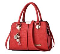 FOLOVEYA Handbag for Women PU Leather Shoulder Handbag with Pendent Elegant Women's Top Handle Bag Ladies Tote Crossbody Bag for Work Office Travel Shopping Red A