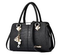 FOLOVEYA Handbag for Women PU Leather Shoulder Handbag with Pendent Elegant Women's Top Handle Bag Ladies Tote Crossbody Bag for Work Office Travel Shopping Black A