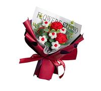 Folpus Finished Handmade Crochet Flower Bouquet Artificial Flowers with Eucalyptus Leaves Knitted Flowers for Girlfriend for Party Festival Gift, Red, 35cmx32cm