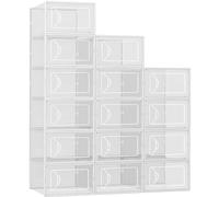 Foluck Shoe Storage Box, 15 Pack Clear Plastic Stackable Shoe Organizer for Closet, Interlocking Design Shoe Container Bins for Sneakers, Foldable Shoe Rack with Lids, White