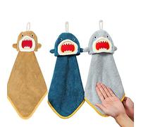 FOMAISELF 3Pcs Cartoon Shark Hand Towels with Hanging Loop, Soft Absorbent Kids Adults Towel, Cute Bathroom Kitchen Hand Towel Yellow Blue Grey