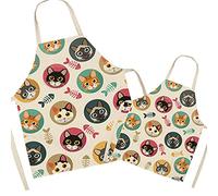 FOMAISELF Linen Parent and Child Cooking Apron - Cute Cat Pattern Mum and Kids Apron, Mummy Son Daughter Aprons for Cooking Baking Painting Party