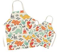 FOMAISELF Linen Parent and Child Cooking Apron - Cute Dinosaur Pattern Mum and Kids Apron, Mummy Son Daughter Aprons for Cooking Baking Painting Party