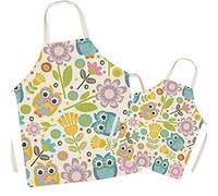 FOMAISELF Linen Parent and Child Cooking Apron - Cute Owl Pattern Mum and Kids Apron, Mummy Son Daughter Aprons for Cooking Baking Painting Party