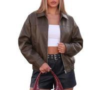 FOMELY Faux Leather Jacket Women Oversized Bomber Motorcycle Y2K Moto Biker Racer Fall Coat with Pockets 2025 Trendy, Brown, Medium