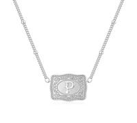 fomissky-sisa Mini Belt Buckle Necklace with Initial, Personalized Cow Tag Pendant Necklace Western Necklace for Women Silver Tone, Copper, No Gemstone