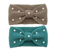 FOMIYES 2pcs Women Winter Knit Headbands with Pearl Bowknot Thick Warm Cable Crochet Ear Warmers Soft Insulated Hair Bands for Cold Weather Outdoor Use Stylish Turban Headwraps