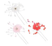 FOMIYES 3pcs U-shaped Flower Hair Pins for Wedding Hairstyles Secure Bridal Hair Forks for Brides and Bridesmaids Elegant Pearl Floral Clips in White Pink Red