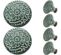 FOMIYES 6pcs Ceramic Cabinet Knobs Set, Embossed Matte Graphite Green Porcelain Pull Handles for Drawer, Wardrobe, Closet and Bathroom Door Hardware
