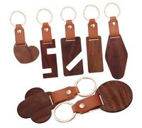 FOMIYES 7pcs Wooden Keychain Blanks with Leather Straps and Rings Novelty Car Key Holders in Various Shapes Including Round Heart Flower Diamond Single Double Groove Retro Style