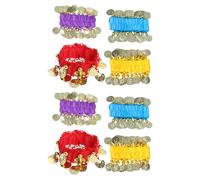 FOMIYES 8Pcs Belly Dance Wrist Bands with Coins, Stretchy Belly Dance Bracelets and Anklets in Red, Purple, Lake Blue, Yellow for Holiday Performance Costume Accessories