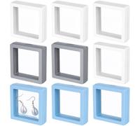 FOMIYES 9pcs Floating Display Boxes Set 7x7x2cm Plastic Frame Shadow Box for Jewelry Seashells Collectibles with 2 Gray, 3 White, 4 Light Blue Thin Film Floating Display Cases for Home
