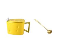 FOMIYES Ceramic Cheese Shaped Yogurt Mug with Lid and Gold Spoon, Coffee Milk Cup Kitchen Container, Delicate Ceramic Coffee Mug for Home and Office Use