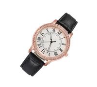 FOMIYES Fashionable Women Quartz Watch with Diamond Accents, Black Imitation Leather Strap, Digital Scale and Easy to Adjust Alloy Case, Casual Wristwatch for Daily Wear