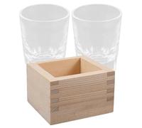 FOMIYES Japanese Sake Cup Set with Wooden Masu Box, 2pcs Glass Rice Wine Mugs & Traditional Square Wood Base, Authentic Saki Drinking Glassware for Sushi Bar Home Restaurant