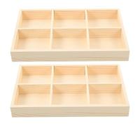 FOMIYES Wooden Divided Storage Organizer Box, 2Pcs Shallow 6 Compartment Sorting Tray for Desk Stationery Crayons, Natural Wood Craft Display Case for Jewelry & Essential Oils