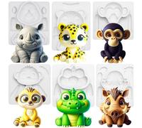 Fondant Moulds Silicone Safari Animal Cake Topper 6-Count Kit Leopard Chimpanzee Mongoose Crocodile Rhinoceros Warthogs