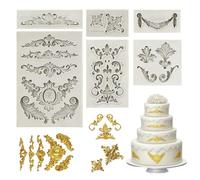 Fondant Silicone Moulds, 6 Pcs 3D Retro Relief Fondant Mould with Scroll Border Embossed Lace, Baroque Sculpted Cake Mould for Sugarcraft Clay Gum Icing Candy(Grey)