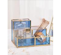 FONDAZZA 5-Compartment Desk Organisers and Accessories for Home Office Supplies, Blue Glass with Gold Brass Trim Office Décor, Pen Holder, Makeup Brush Holder