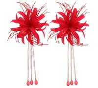 FONDOTIN 1 Pair Chinese Tassel Hair Clips with Flower Decoration, Ancient Style Red Hanfu Hairpins for Women and, Bridal Wedding Hair Accessories for Traditional Asian Headdress
