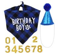 FONDOTIN 1set Dog Birthday Party Supplies Plaid Bandana Pompom Hat Decorations for Dogs for Celebrating Your Pet Special Day with Fun Accessories