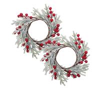 FONDOTIN 2 Pcs Christmas Candle Rings with Red Artificial Berries and Snowy Pine Needles Holiday Wreath Candle Holder for Table Decor Window Wreaths Wedding and Family Gathering Ornaments