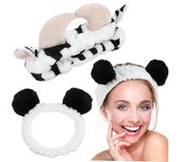 FONDOTIN 2 Pcs Coral Fleece Makeup Headbands Soft Spa Skincare Hairbands for Face Washing Cute Cow and Panda Animal Print Accessories Comfortable Elastic Hairbands for Daily Skincare and