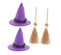 FONDOTIN 2 Sets Halloween Mini Witch Hat and Broom for Dollhouse Decoration Purple Witch Hats and Natural Straw Brooms Miniature Craft Accessories for Halloween Party Scene Layout and Micro