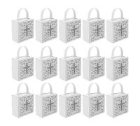 FONDOTIN 25pcs White Mini Boxes with Hollow Christian Cross, Paper Favor Bags with Handles for Catholic Party Supplies, Confirmation and Christening Treat Packaging
