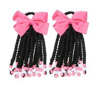 FONDOTIN 2pcs Boys and Girls Faux Braided Ponytail Extensions Set with Beaded Hair Tie and Bow - Detachable Afro Braids Hairpiece for Children’s Party and Daily Wear in Natural Black