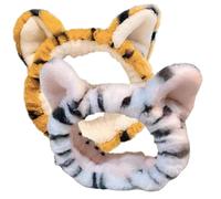 FONDOTIN 2pcs Plush Wide Headbands for Women Soft Elastic Tiger Ear Hair Bands for Face Washing Makeup Spa Skincare Yoga and Daily Use White Yellow