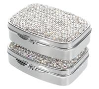 FONDOTIN 2pcs Portable Rhinestone Pill Organizer with Airtight Dual Compartments Compact Square Medicine Storage Box for Daily Tablet Management Stylish White Travel Medication Case