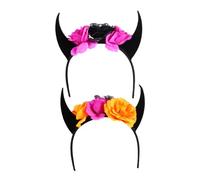 FONDOTIN 2pcs Skull and Horn Headband Halloween Horn Hair Band Costume Party Devil Headpiece Black Grey White Candy Skull Headwear for Women and Girls
